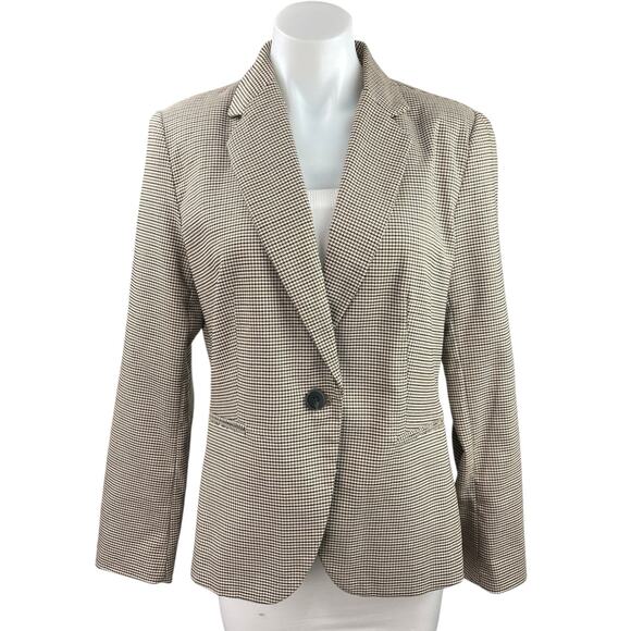 Zara Tan Brown Houndstooth One Button Notch Collar Career Blazer Coat Jacket 8 - Picture 1 of 5